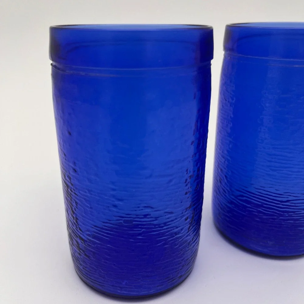 Vintage Cobalt Blue Textured Bark Glass Tumblers Set of 2 Drinking Glasses